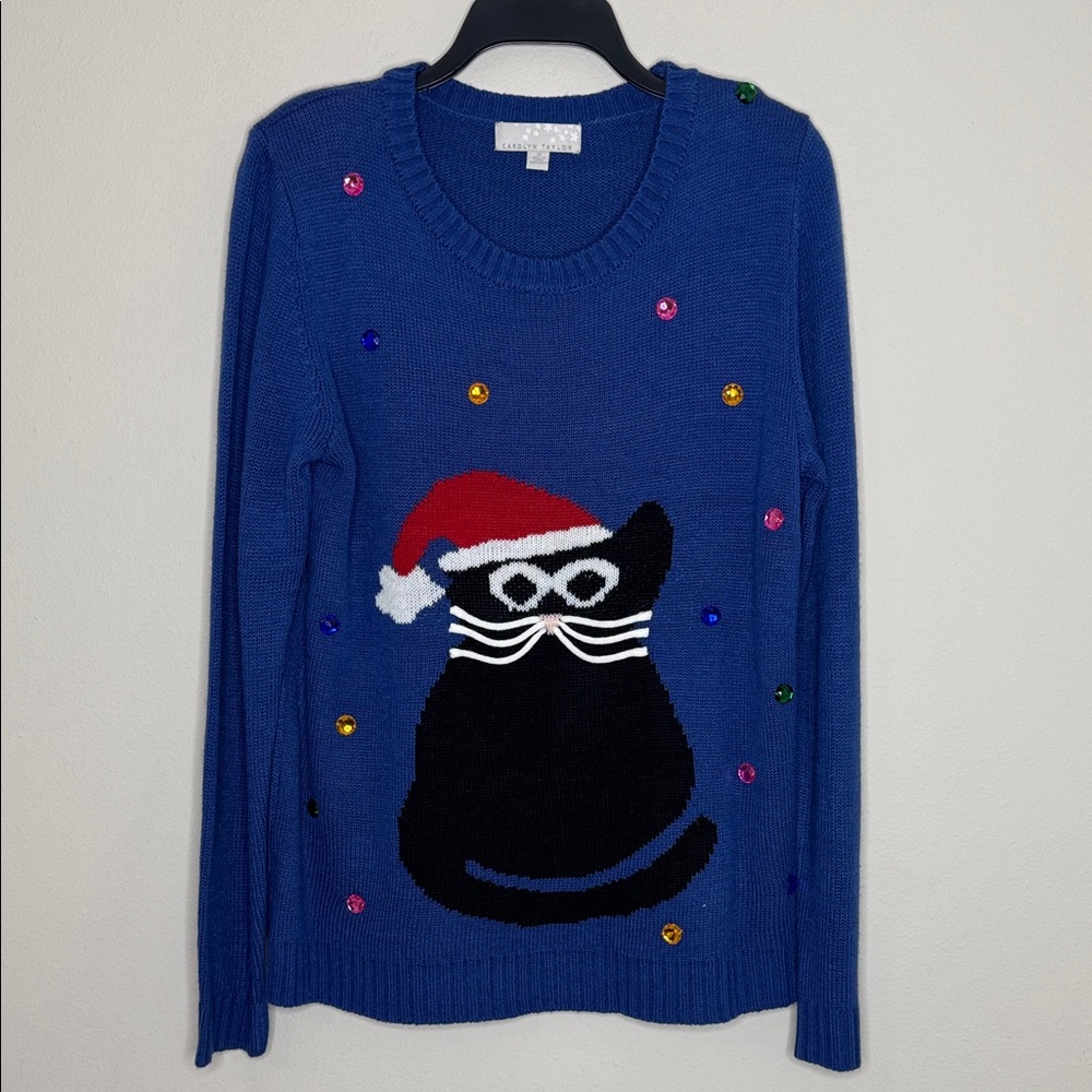 Carolyn Taylor Bejeweled Blue Cat Christmas Sweater XL